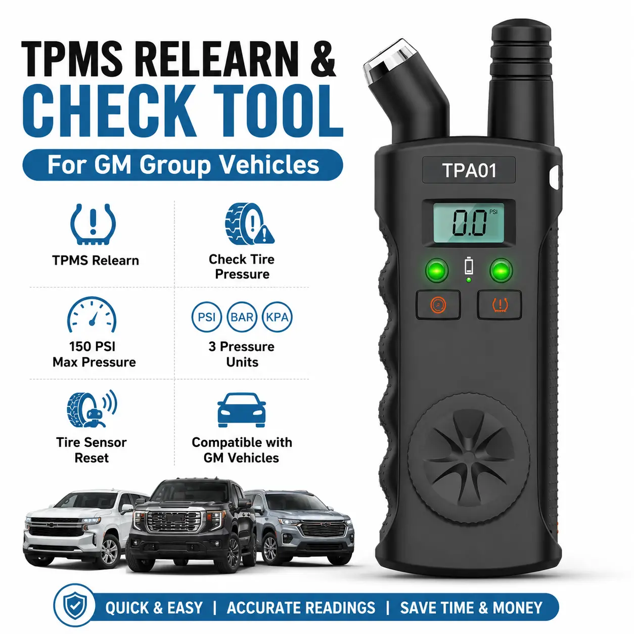 TPA01 Dual Function TPMS Relearn & Check Tool for GM Vehicles - TPMS Sensor Reset, 150 PSI/Bar/KPA Digital Tire Pressure Check, Car Tire Maintenance Tool, Check Tire Pressure
