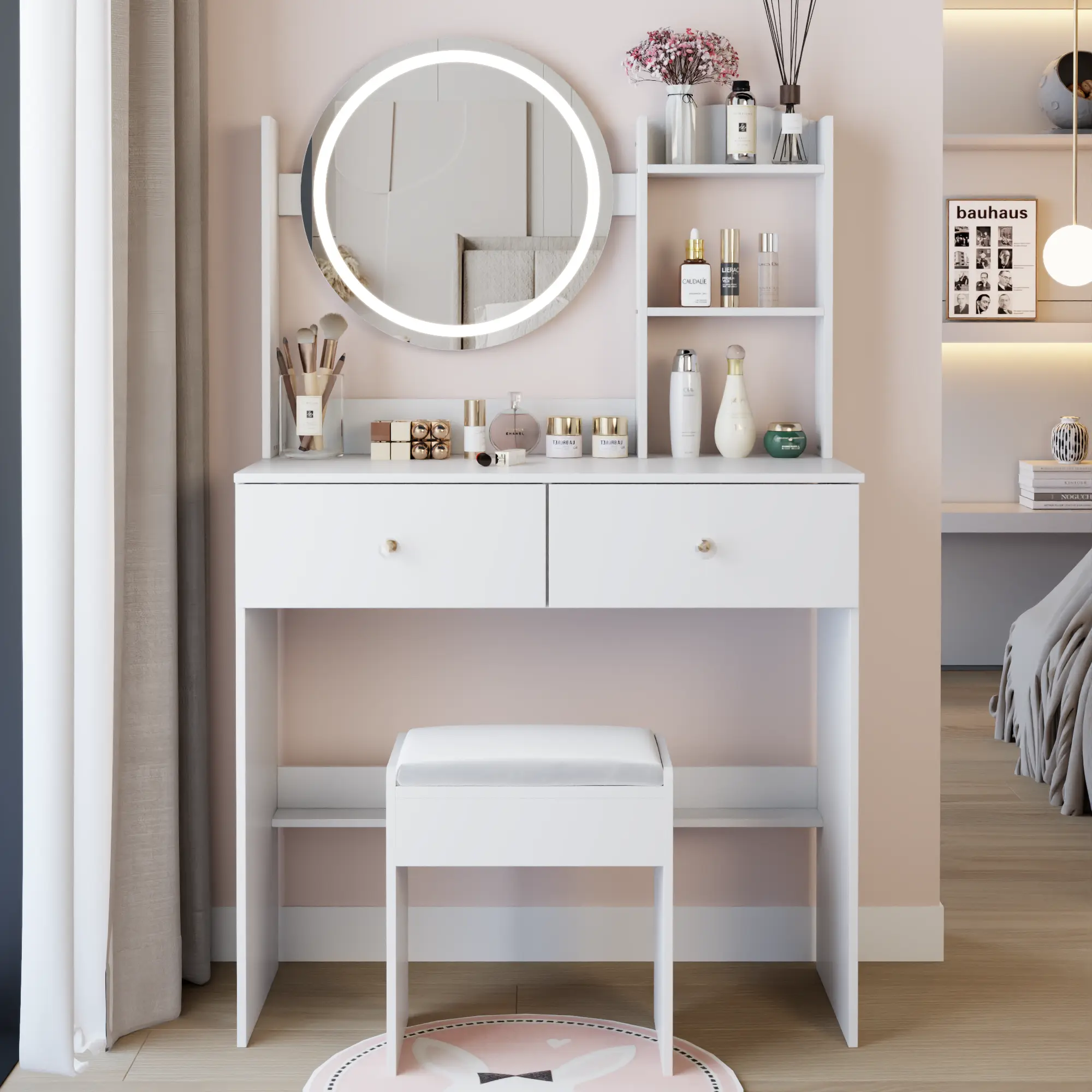Sturdy Traditional Wood Frame Makeup Vanity Set - 17" Round LED Mirror with Touch Switch Adjustable 120 Lumens Lighting, Soft Cushion Stool, Multi-Layer Drawers Storage, Assembly Required for Small Spaces