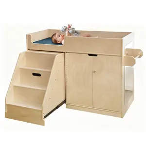Baby Changing Table with Mirror & Stairs | Montessori Toddler Diaper Station with Storage | Solid Birch Plywood Furniture for Home, Daycare, Nursery
