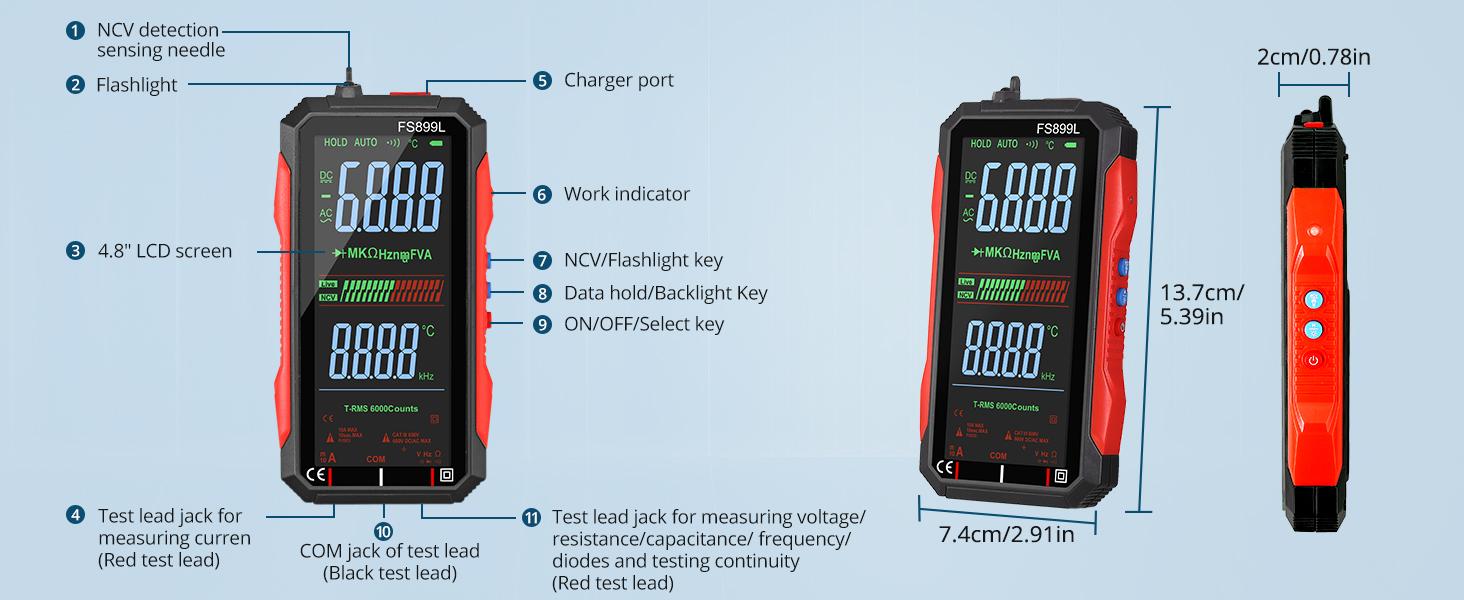 USB Rechargeable 6000 Counts Digital Smart Multimeter Auto-Ranging with Large Display Capacitance Ac/Dc Voltmeter Resistance NCV Temperature Continuity Diode Live Check Electric Tester Tool