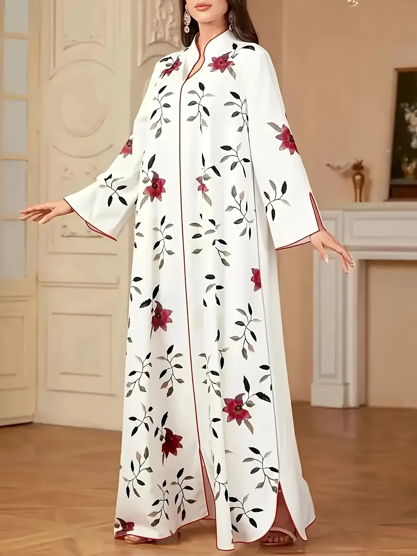 Women's Floral Print Muslim Loose Fit Abaya, Elegant Modest Style, Mandarin Collar, Open Front, Lightweight Chiffon, Ideal for Ramadan/eid, Abayas For Eid, Elegant Islamic Clothing, Islamic Modesty Clothes