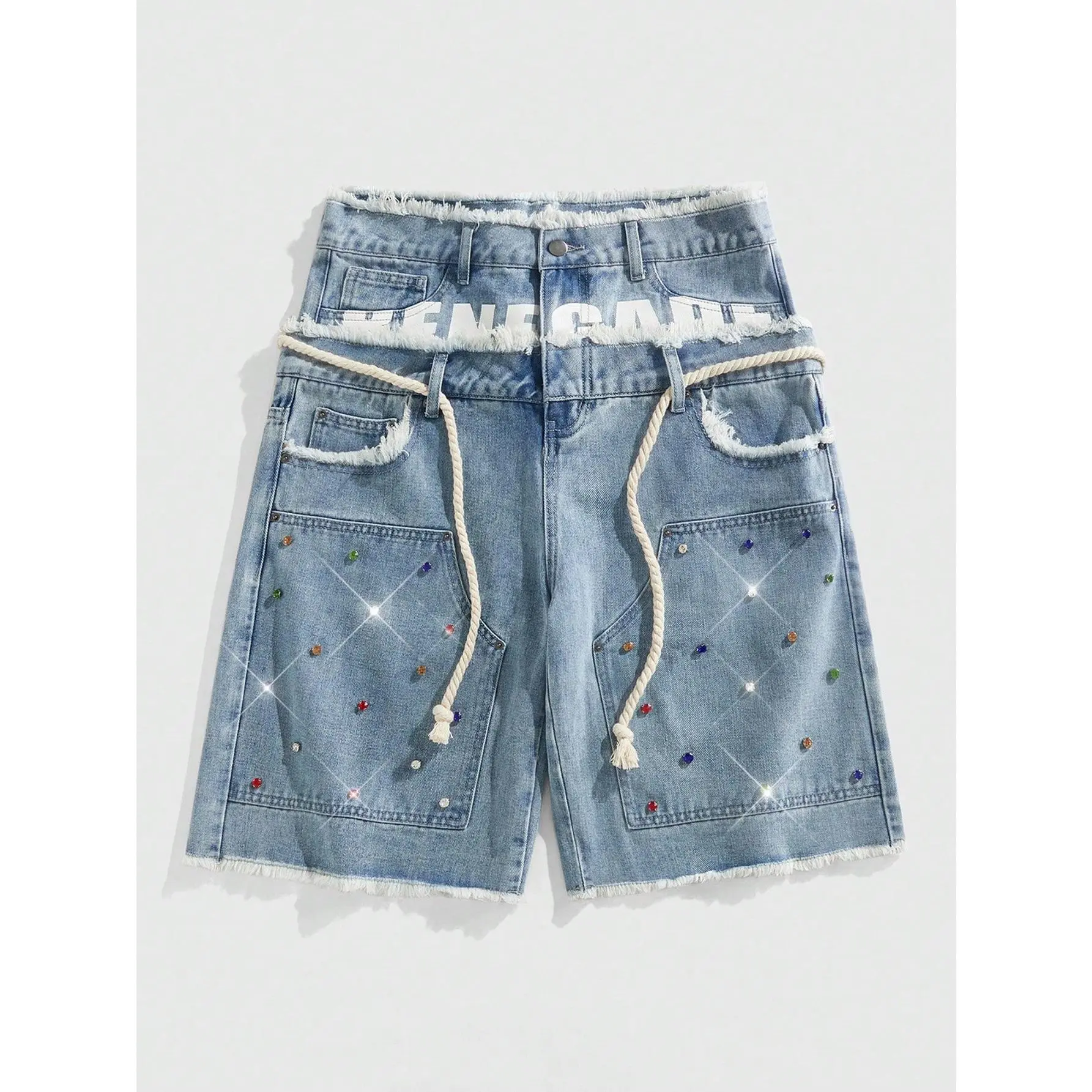 Glitter Rhinestone Streetstyle Loose Fit Double Layer Waist Diamond Embellished Denim Shorts