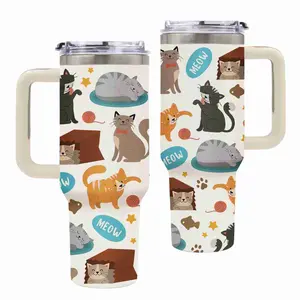 40oz Cat Tumbler with Handle & Straw Lid Leak-Proof Stainless Steel Travel Mug Cute Cat Design with Hearts & Paw Prints Gift for Women Cat Lovers Mom Daughter Mother’s Day Birthday Christmas Gifts for Home & Travel Use Drinkware Flasks