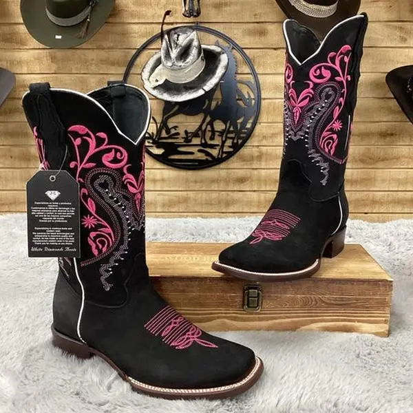 Morada Womens Embroidered Nobuck Leather Boots - Black/fuchsia
