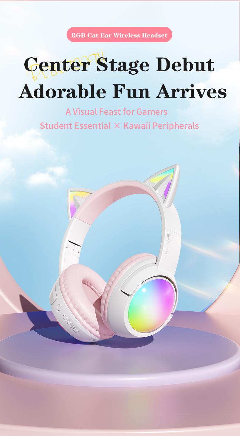 Wireless Bluetooth cat ear headphones with LED lights, foldable, over-ear design, built-in microphone, long battery life, suitable for mobile phones, tablets, iPads, and laptops. A cute gift for children, teenagers, and adults.