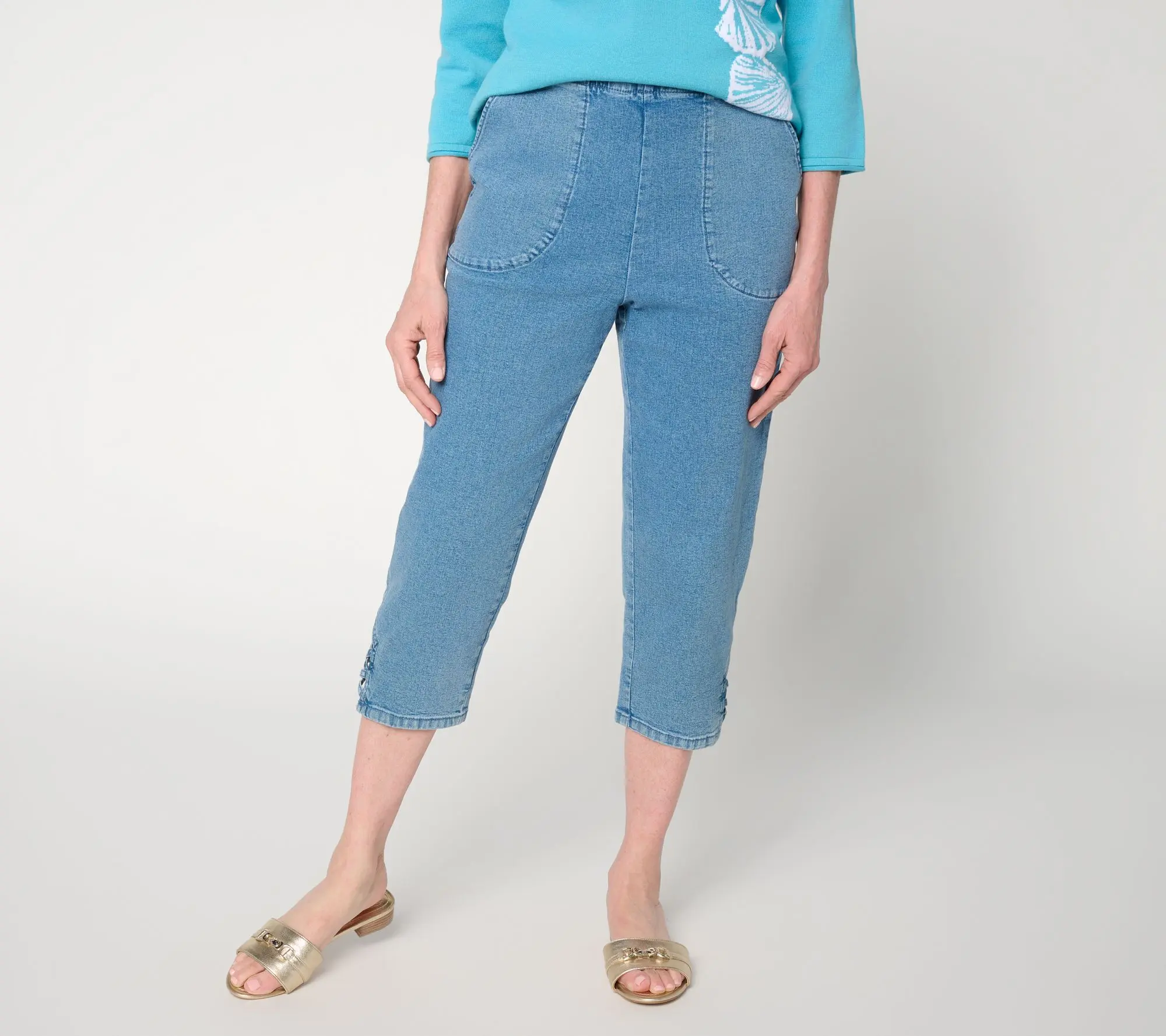 Denim & Co. Regular Indigo Flat Front Capris Pants w/ Lattice Hem