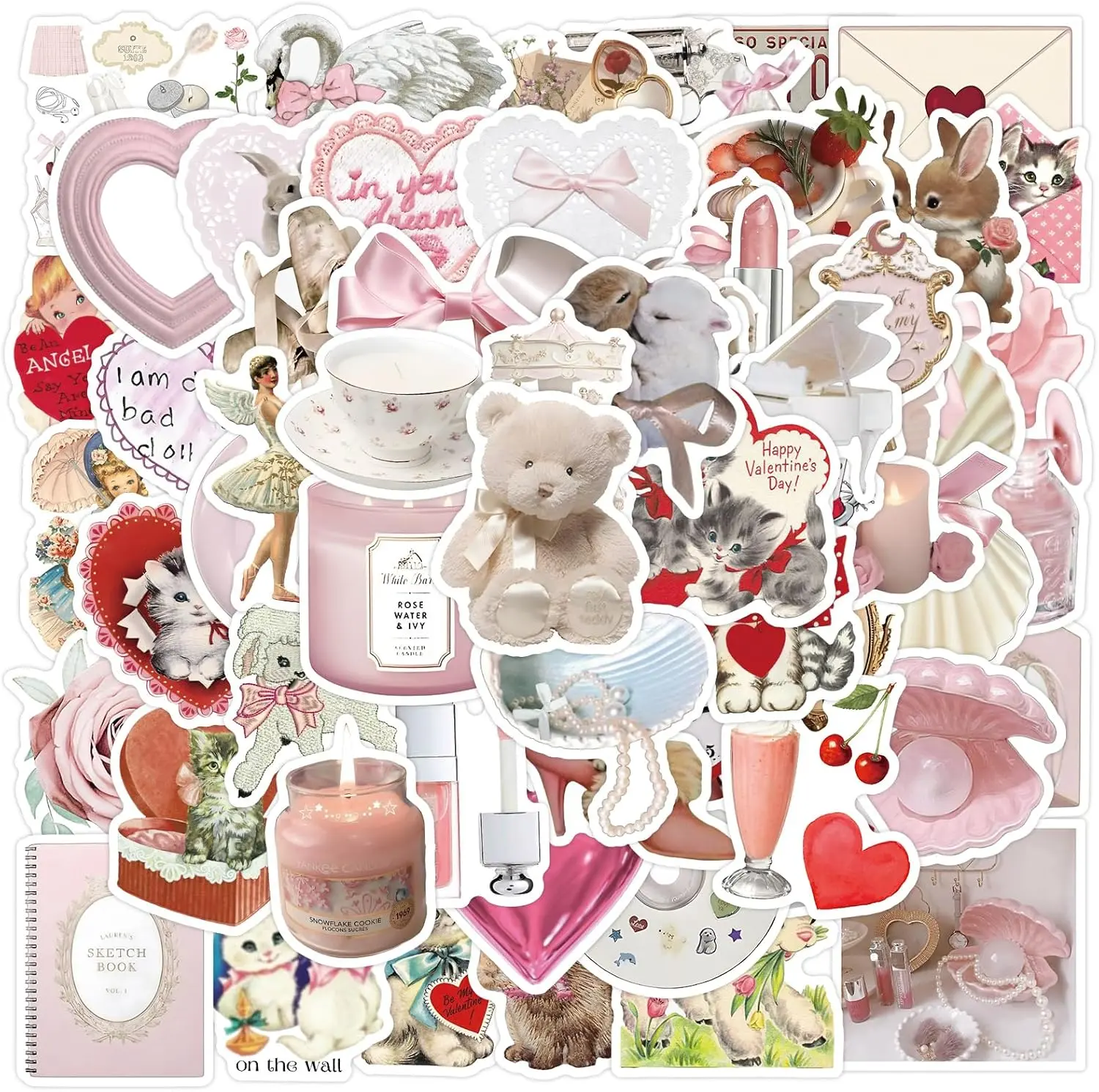 60Pcs Coquette Stickers Cute Vinyl Laptop Stickers, Waterproof Aesthetic Stickers, Pink Sticker Pack for Girls Water Bottles Laptop Computer Phone Guitar (60 Coquette Stickers) FYFDLLTF