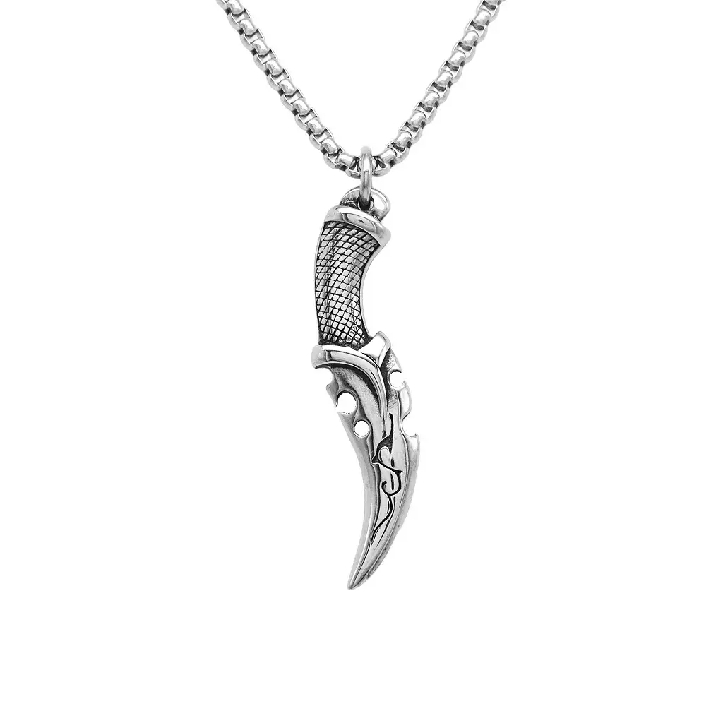 Creed Blade Necklace, Tribal Engraved 316L Stainless Steel Unisex Pendant Symbolizing Strength, Loyalty & Discipline - Waterproof, 24-Inch Chain, Defiance, Curved Design