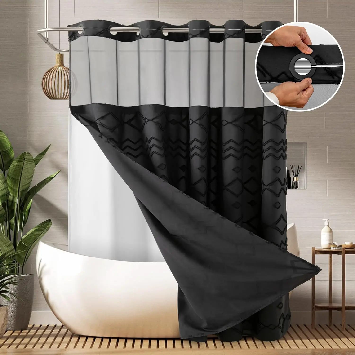 No-Hook Boho Shower Curtain Cloth and Liner Set, Textured Chevron Tufted Design, Water-Resistant Hotel-Grade Fabric, Easy to Install Bathroom Shower Curtain for Elevating Décor, Bathroom Decor