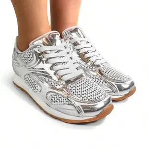 Fashionable Women's Orbit Silver White Mesh Lace Up Super Trainer Sporty Sneaker Spring Summer Shoe