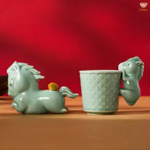 Jin Hongyang “Instant Wealth” Celadon Gift Set | Lucky Horse Figurine with Ingot & Tea Cup | Auspicious Prosperity Gift Box
