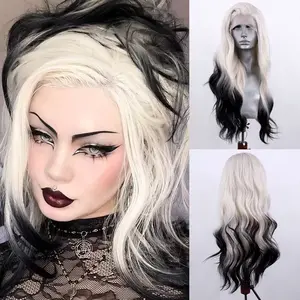 RONGDUOYI Ombre Black Synthetic Wig for Women Blonde to Black Colored Lace Front Wigs Body Wave Platinum Roots Lace Hair Synthetic Fiber Makeup Wear Cosplay Party Wig
