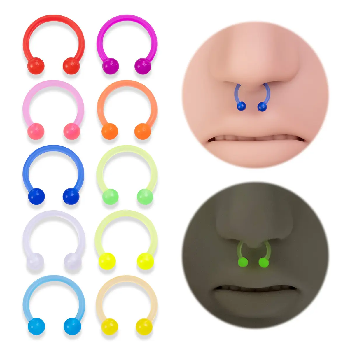 10PCS Glow-In-The-Dark Acrylic Septum Rings Set, Fashion Body Jewelry Accessories