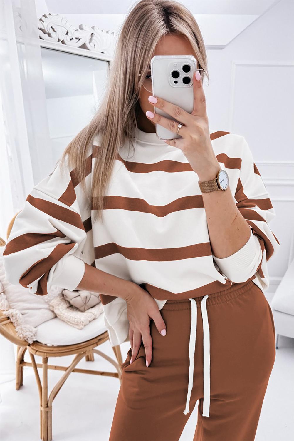 Mntaor Women's Striped Two Piece Outfit Long Sleeve Drop Shoulder Pullover Tops & Jogger Pants Sets Casual Style Comfortable Everyday Wear,Winteroutfit