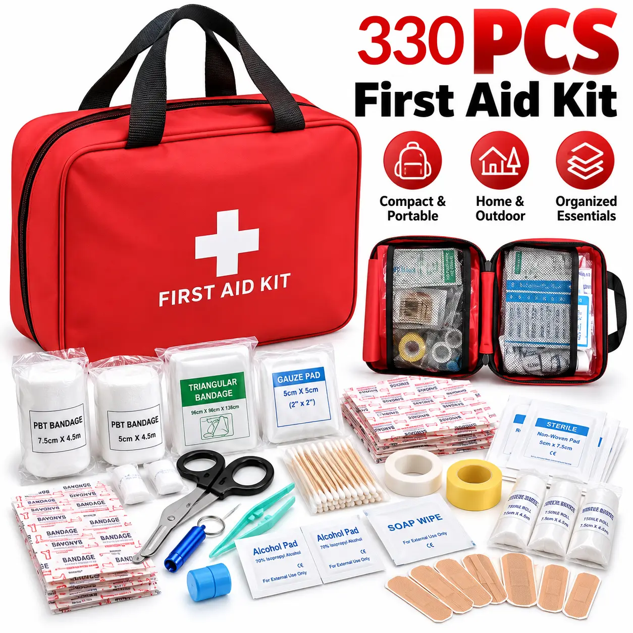 330 Piece First Aid Kit, Premium Waterproof Compact Trauma Medical Kits for Any Emergencies, Ideal for Home, Office, Car, Travel, Outdoor, Camping, Hiking, Boating