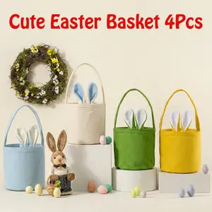 Easter Basket 4 Pcs Egg Hunt Bunny Baskets for Kids with Cute Rabbit Ears Stripe Storage Gifts Candies Personalized Easter Party Gifts