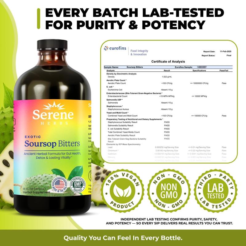 Soursop Bitters Liquid – Organic Herbal Detox with Black Seed, Moringa & Ginger by Serene Herbs – Supports Digestive Wellness & Immune Function – 16 fl oz​