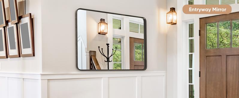 Bathroom Mirror Wall Mirror for Bathroom Black Metal Framed Rounded Corner Rectangle Vanity Mirror, Large Mirrors for Wall, Anti-Rust& Waterproof