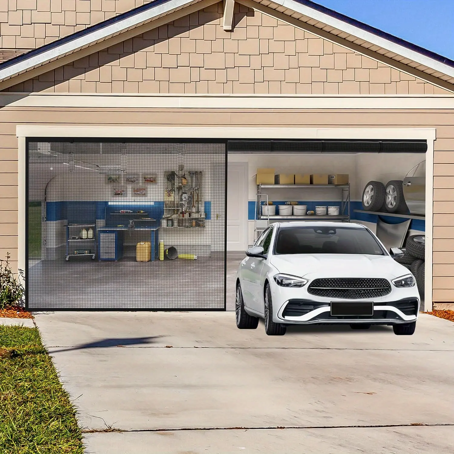 Heavy-Duty Screen Curtain for a 2-Car Garage Screen Doors Measuring, Featuring a Mesh Magnetic Design That Allows Hands-Free Access. Ideal for Patios, Outdoor Spaces, Gyms, And Craft Areas