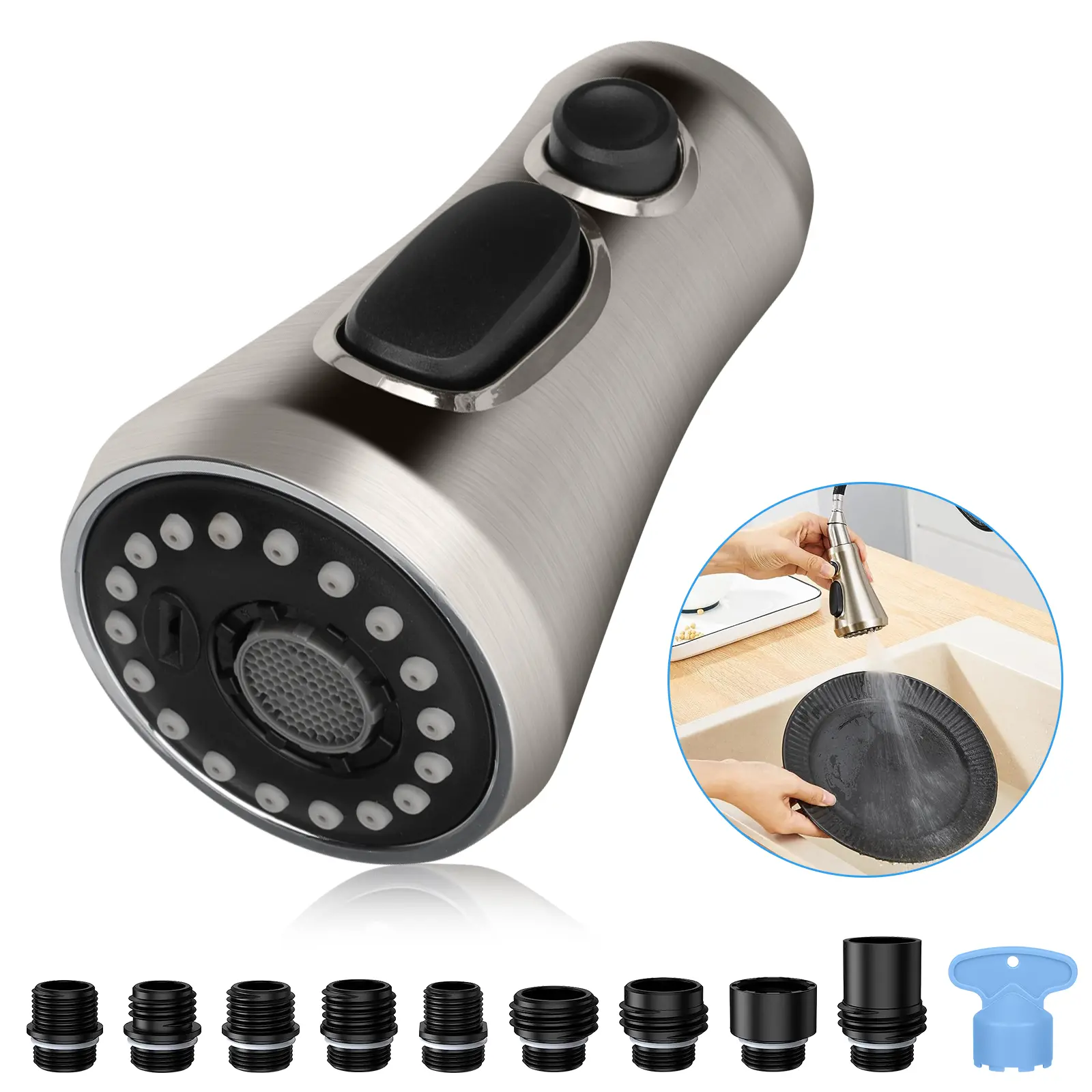 3 Function Pull Down Spray Head for Kitchen - Faucet Head Replacement with 9pcs Adapter Connectors for Home,For Moen & American Standard,Brushed Nickel