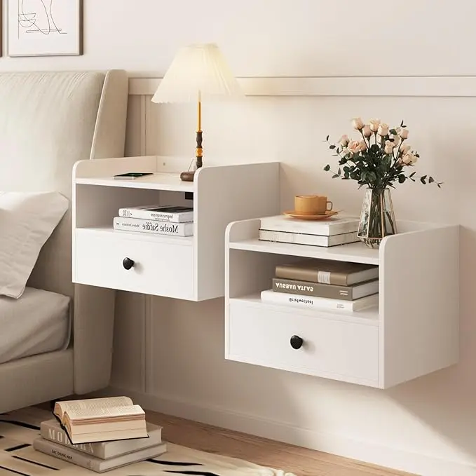 [tiktokshopbacktoschool] Vabches Nightstand Sets of 2, Modern Wall-Mounted Floating Bedside End Tables with Drawer, Open Shelf Cubby, Charging Station and Storage for Bedroom