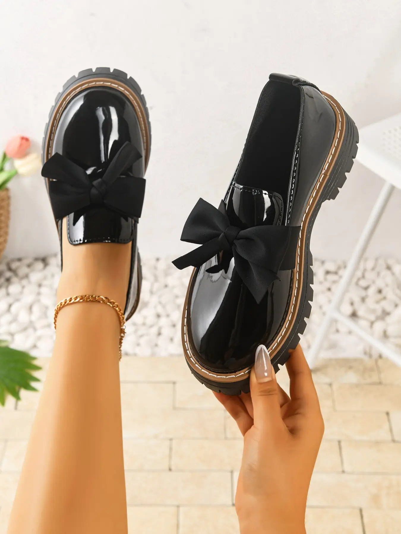 Women's Bowknot Loafers, Thick Sole Rubber PU Leather Shoes, Chunky Heel Design, All-Season Comfortable Footwear, Modest Style, Walking Shoes, Casual Fashion Shoes
