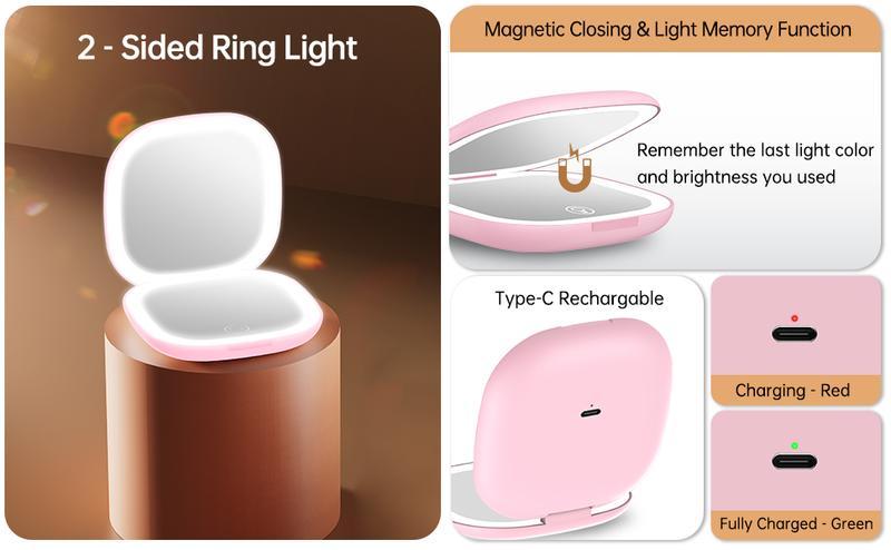 Mini makeup mirror LED Compact Makeup Mirror, 4 Inches 1X/10X Magnification Travel Mirror with Light Dimmable Double Sides Lighted USB Rechargeable Compact Mirror, Travel Essentials Magnifying,Makeup essentials, gift essentials, beauty blogger favorites