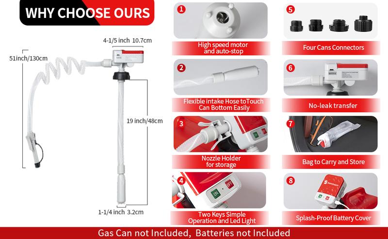 SUNMORN Automatic Electric Fuel Transfer Pump with Auto-Stop, 3.8GPM & 51" Hose & 4 Size Adapters Gas Can Pump with Leak Protection for Gasoline, Diesel, Kerosene, Gifts for Men Dad Him