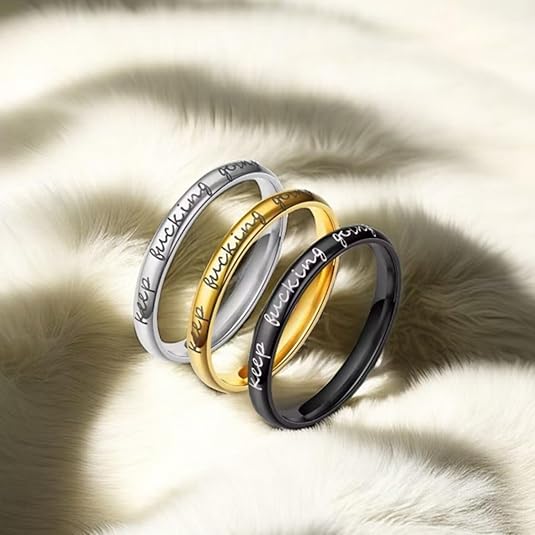 FINREZIO 1 Pc Black Silvery Stainless Steel Thumb Ring for Women Men Stackable 'Keep Going' Inspirational Graduation Ring Jewelry Daily Encouragement Gift