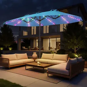 【RGB Lights】15ft RGB Solar LED Double-Sided Patio Umbrella, 20% Longer Running Time, 12 Sturdy Ribs, Smooth Crank & Included Base, UPF 50+ UV Protection for Backyard, Poolside, Garden