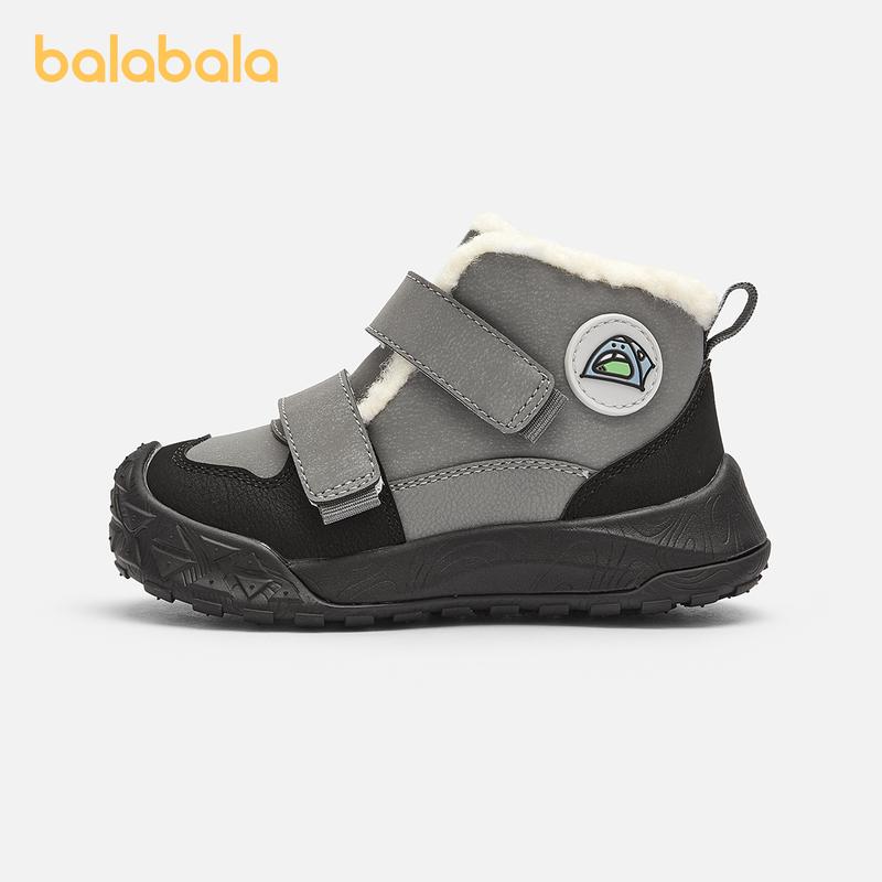 Balabala Kids Fleece-Lined Snow Boots Tan Grey Thick Warm Anti-Slip Winter Walking Shoes with Rubber Sole & Secure Hook-And-Loop Straps for Safety & Comfort