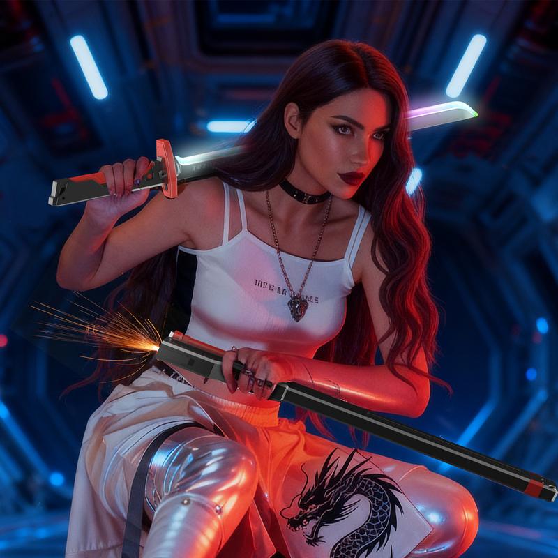 Spark-Effect Sword 31.5" LED Blade with Mist Smoke Auto-Eject Sheath Type-C Recharge Replaceable Flint Spark for Cosplay Ultimate Galaxy War Blade Electronic Toy