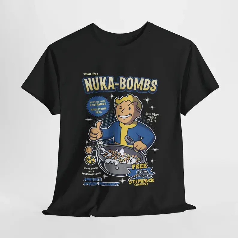 Men's Fallout Nuka-Bombs Graphic Short-Sleeve Round Neck T-Shirt, Vault Boy Sugar Bombs Retro Cereal Box Design, Comfy Relaxed-Fit Oversized Casual Gamer Streetwear Merch