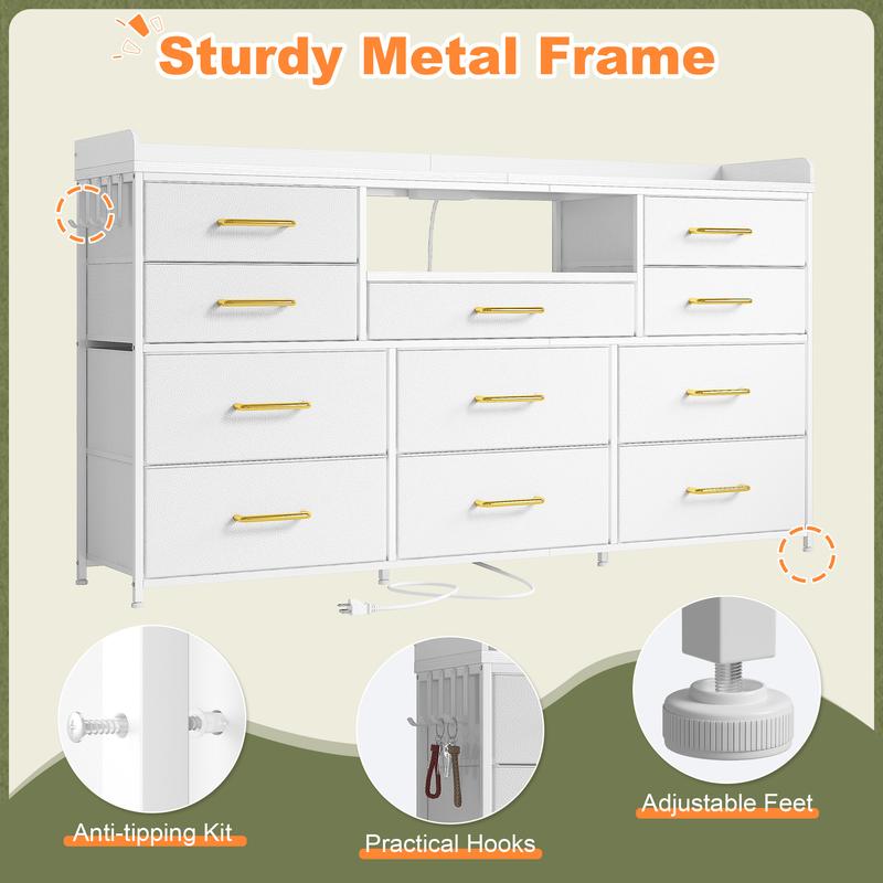 【LaborDaySale】Raybee 11 Drawers Dresser for Bedroom 31'' Height,Sturdy TV Stand with LED & power outlets & 4 hooks Drawerorganizer,Chest of Drawers,Storage Bin Cabinet Furniture