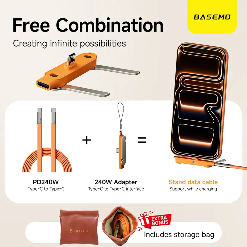 240W Super Fast Charging Silicone Data Cord | Detachable Phone Stand (Landscape/Portrait) | For TV Shows, Short Videos, Mobile Gaming, Sports Matches, Video Calls, Meetings | Fits iPhone Samsung Huawei |  Indoor & Outdoor Use charger portable chargers