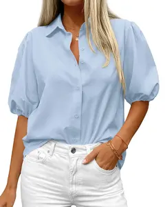 BTFBM Women's Button Down Shirts Short Puff Sleeve Collared V Neck 2026 Summer Tops Dressy Casual Work Business Blouses