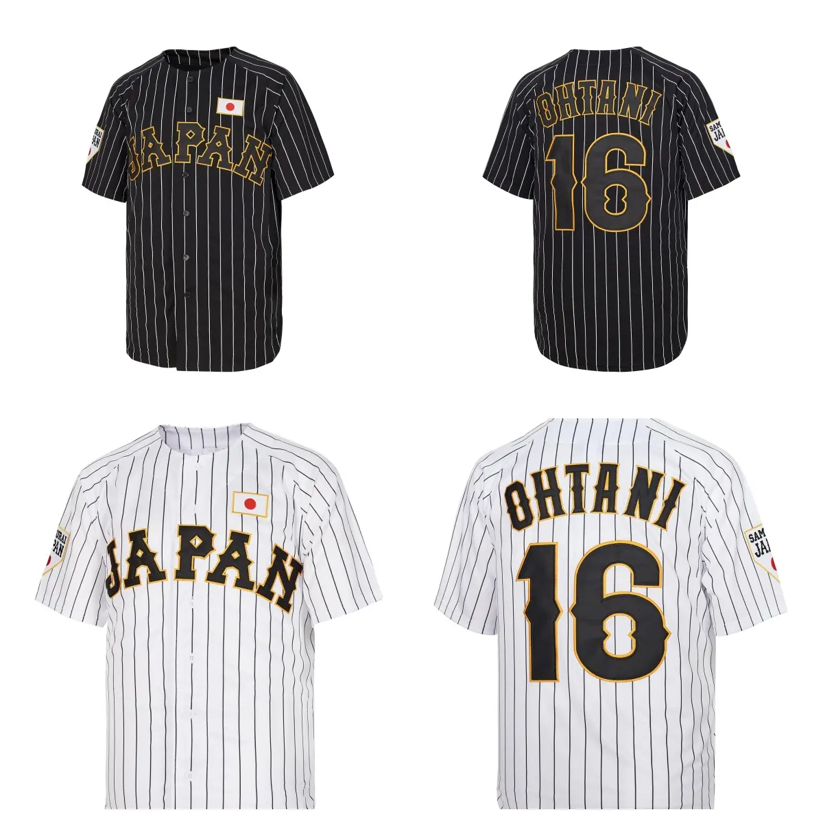 Madjus Men's #16 Ohtani Embroidered Baseball Jersey - Japan Samurai White Black Pinstriped Athletic Sports Top, Streetwear Sport Top for Casual & Game-Day Wear, Embroidered Jerseys, Sport Jersey