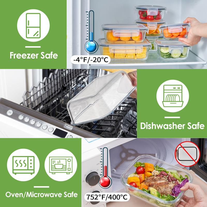 12Pack Airtight Glass Food Storage Containers with Lids,Microwave,  and Dishwasher  Kitchen Organizer, BPA-Free , Black/Gray Set Utensils