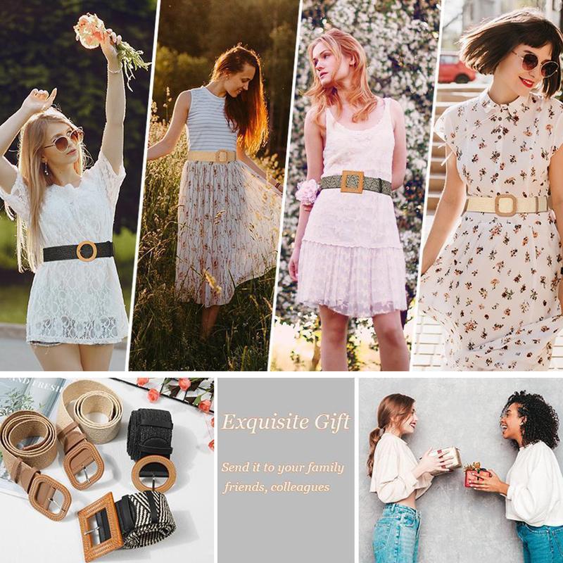 AWAYTR Fashion Elegant Women Elastic Belt Round Buckle Vintage Boho Straw Woven Belt Dress Belt TikTokShopBlackFriday