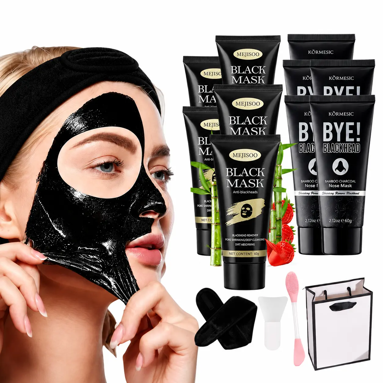 14Pcs Blackhead Remover Mask Kit,Bamboo Charcoal Peel Off Nose Mask, Charcoal Peel Off Facial Mask with Applicator Tools, Deep Cleansing for Face Nose Blackhead Pores, Purifying Pores Improving Rough Nose Skin,For All Skin Types