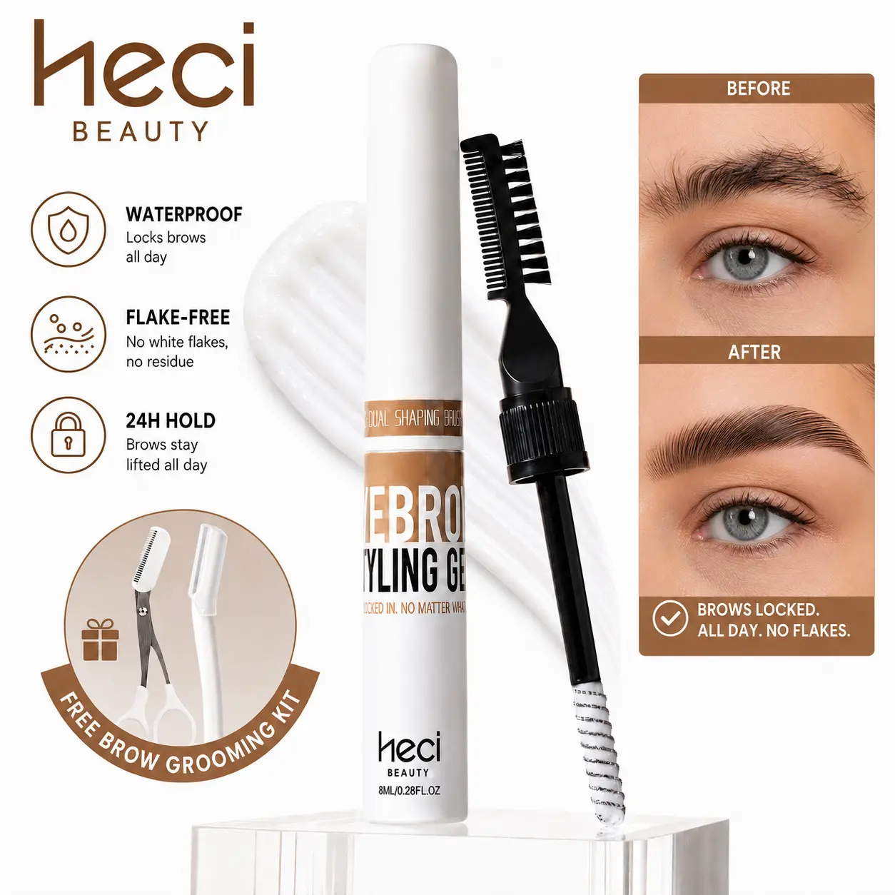 HECI BEAUTY Clear Brow Gel – Strong Hold Waterproof Brow Gel, 24H Long-Lasting Fluffy Laminated Brows, No Flakes, No White Residue, Built-In Brow Styling Brush