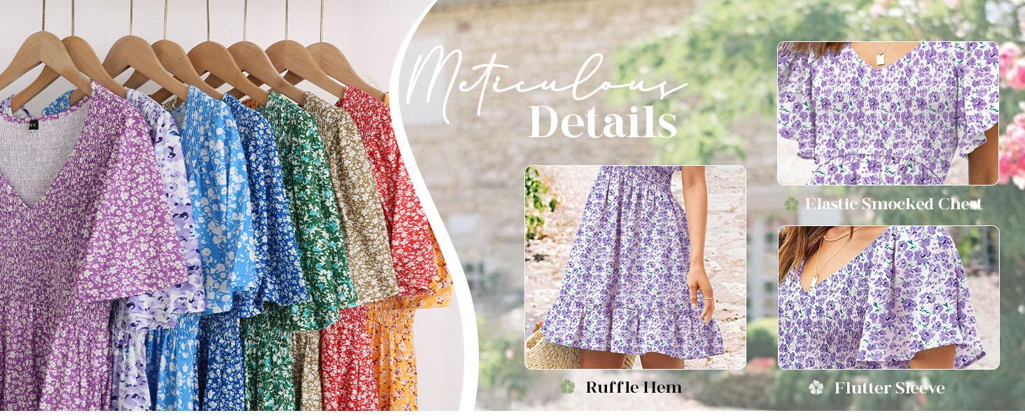 Genleck Women's Summer Floral Print Mini Dress - V Neck Flutter Sleeve Boho Sundress with Pockets for Vacation & Party