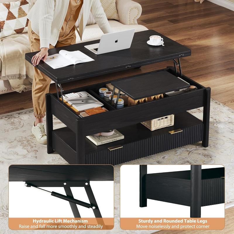 40" Lift Top Coffee Table with Storage, 4 in 1 Square Coffee Table with Hidden Compartment & Open Shelf & 2 Drawers, Modern Coffee Tables with Lifting Top for Living Room, Home, Office, Black