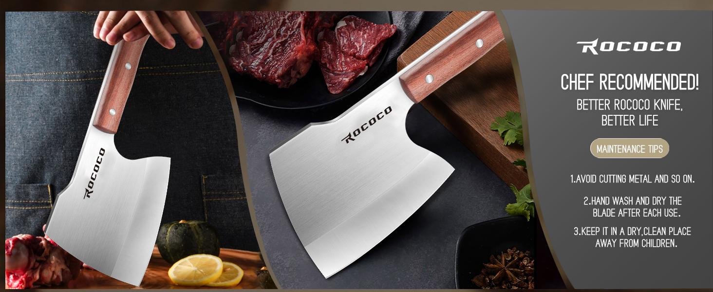 ROCOCO Meat Bone Cleaver Knife for Heavy Duty Butcher Axes - Hand Forged Full Tang Chopper, Silver, Ideal for Kitchen Use