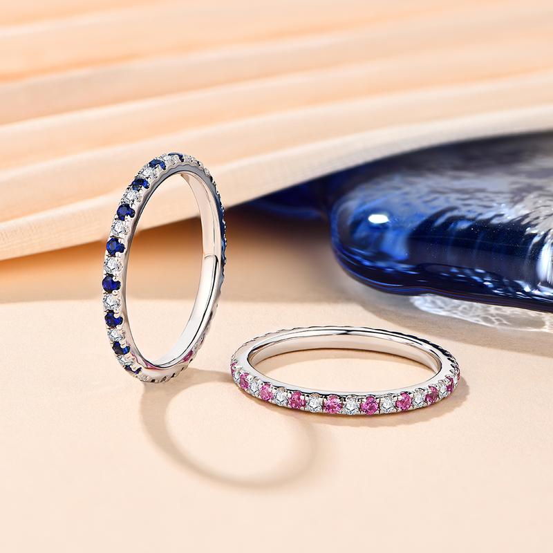 Stackable Synthetic Moissanite Ring for Women Pink and Blue Saphire Wedding Band Fine Jewelry For Anniversary Party Gift R061