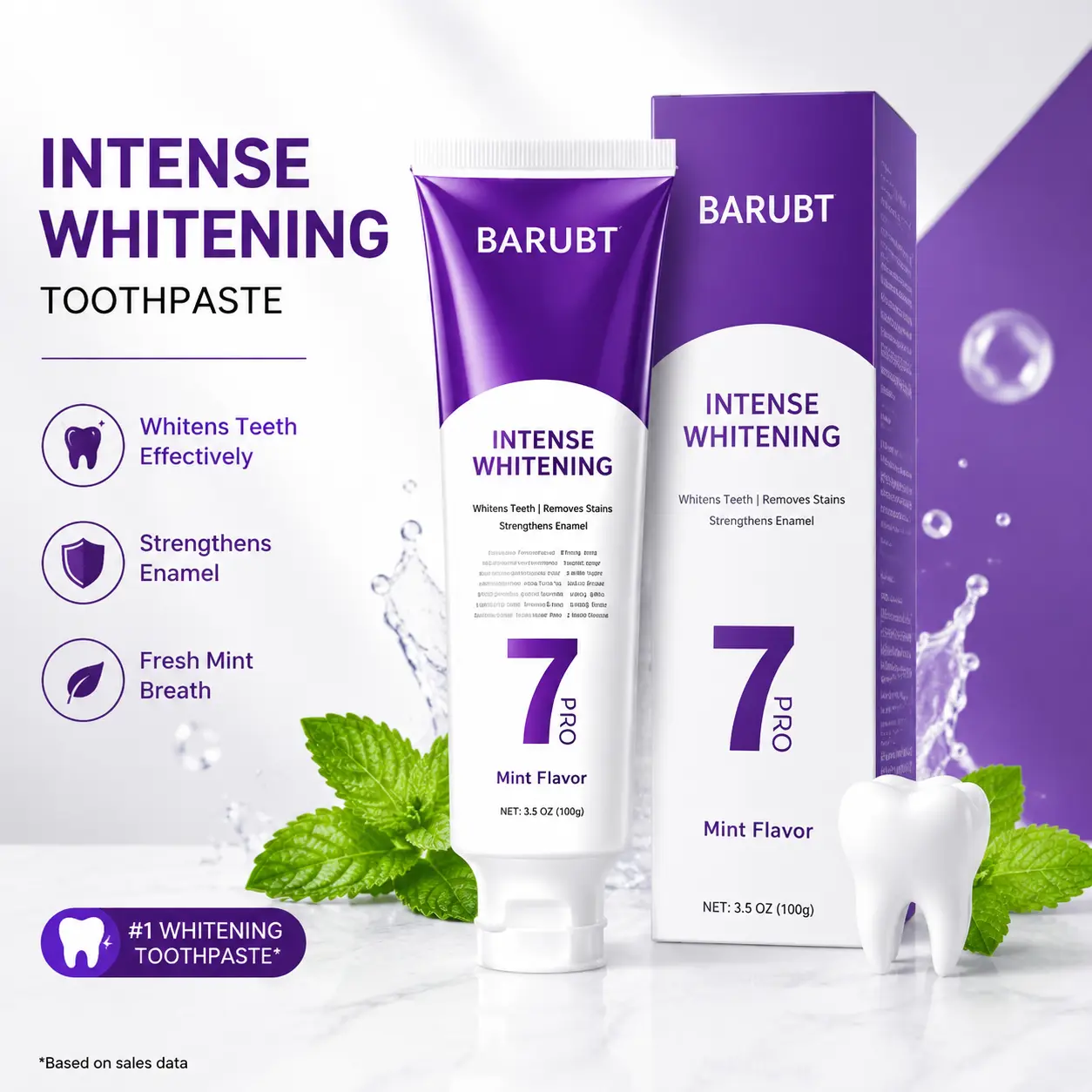 Purple Tube 7 Pro Whitening Toothpaste 145g Single, Fresh Mint Flavor Fine Foam Deep Cleansing, Surface Stain Remover Gentle Enamel‑Friendly Daily Oral Care