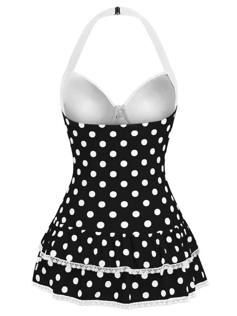 Blue 1940s Halter Polka Dots Bow One-Piece Swimsuit