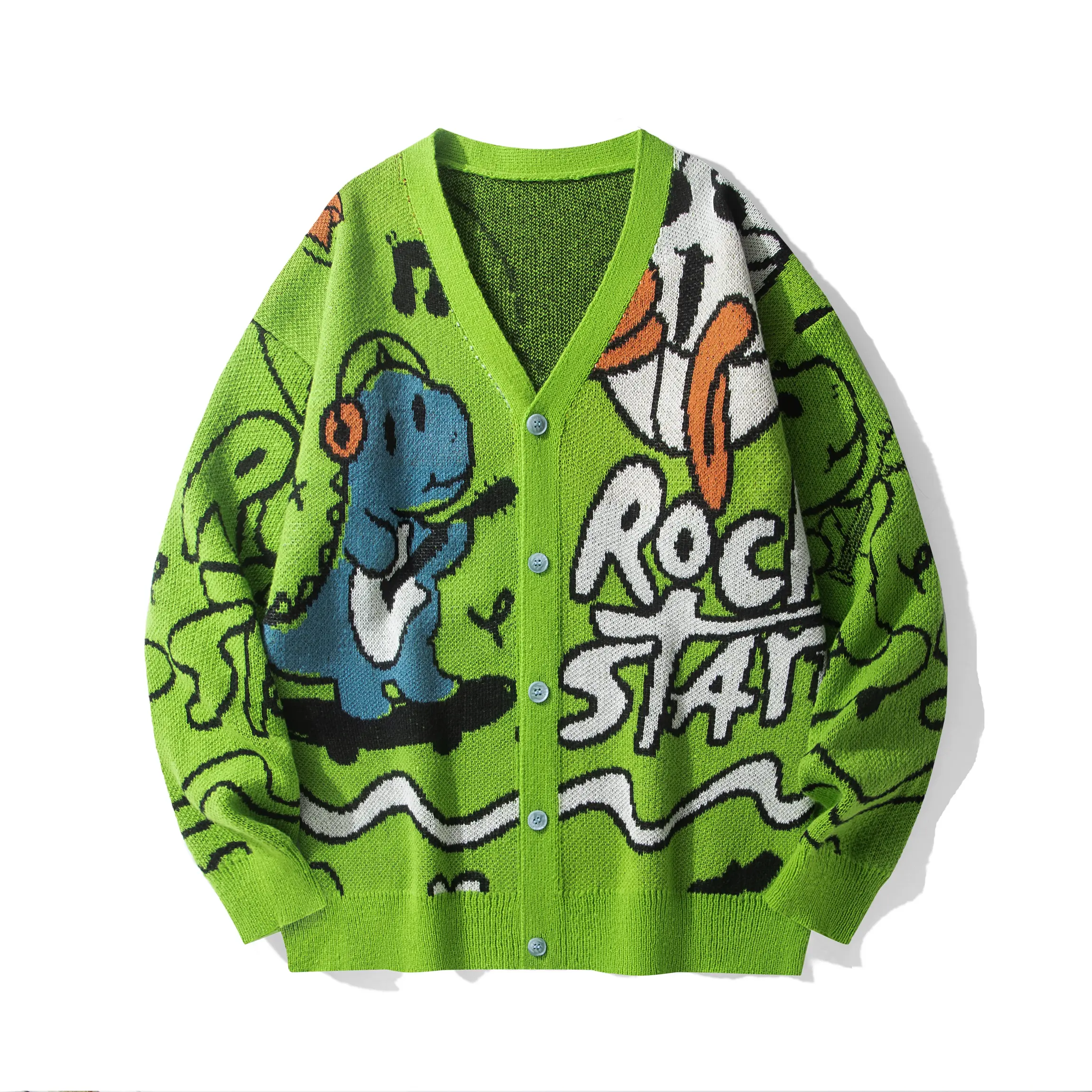 #SohoChicWomen's Long Sleeve V-Neck Loose Fit Knitwear Pullover Cardigan - Premium Soft Jacquard Fabric, Vibrant Cartoon Rock Star Graphic, Foldable, Comfortable, Machine Washable, Casual & Formal Wear, Halloween, Easter, Valentine's Day