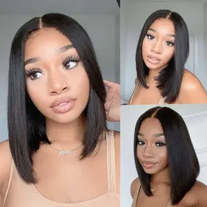 Glueless Short Bob Wigs Human Hair Ready to Wear Straight 12 inch Bob Wig Human Hair Lace Front Wigs Human Hair Glueless Pre Plucked Transparent Wigs for Women 180% Density (5x5 Straight Bob Wig Black Color, 16 Inch)