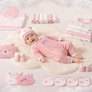27PCS Newborn Baby Gift Set (0-3M), 100% Cotton Essentials Bundle w/ 5 Outfits, Rompers Tops Pants Hat Bibs Mittens Blanket, Perfect Baby Shower Gift